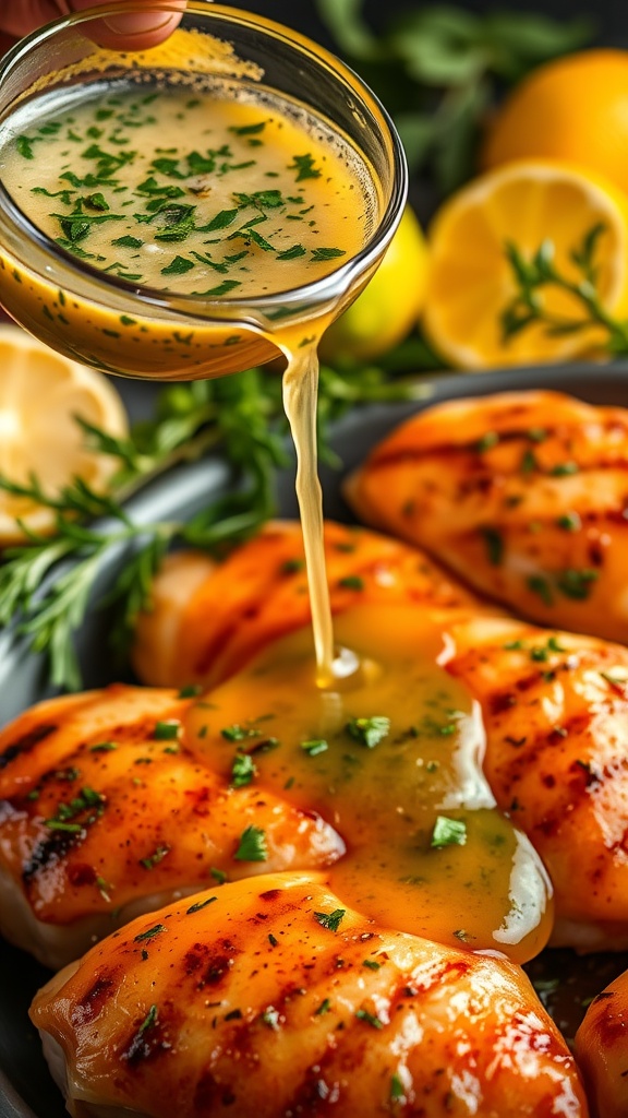 A bowl of herb and citrus marinade with chicken breasts, surrounded by fresh herbs and citrus fruits.